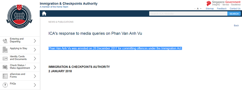 Singapore xác nhận ĐANG TẠM GIỮ ông &#8216;Phan Van Anh Vu&#8217;