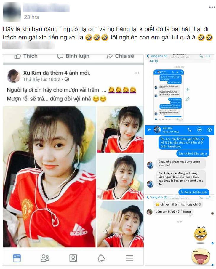 Bị họ hàng gọi điện mách bố khi lên Facebook viết caption mượn tiền &#8216;Người lạ ơi&#8217;, cô gái trẻ xinh đẹp bị một phen nhớ đời